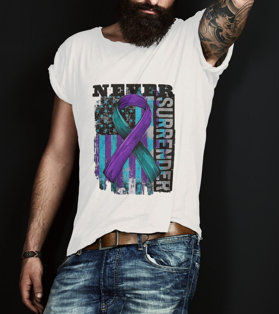 Never Surrender Teal And Purple Awareness Ribbon Distressed Flag T-Shirt