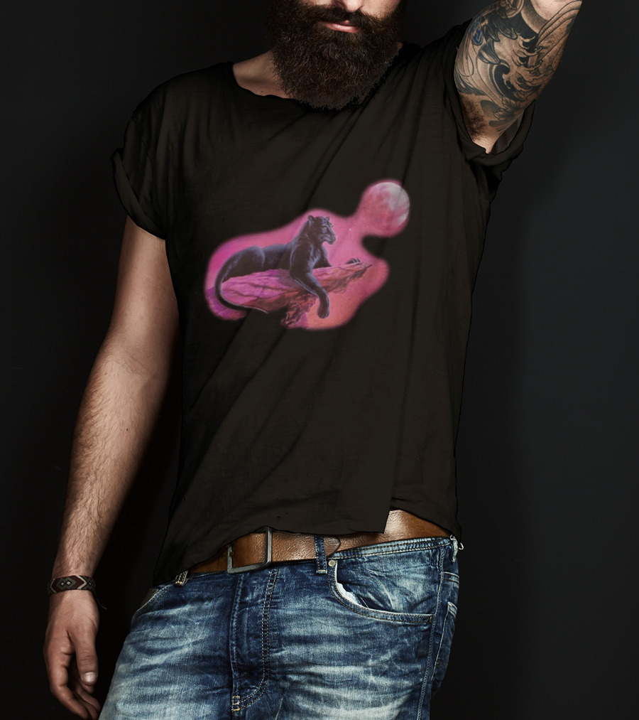Black Panther On Rock With Pink Moonlit Night Sky T-Shirt