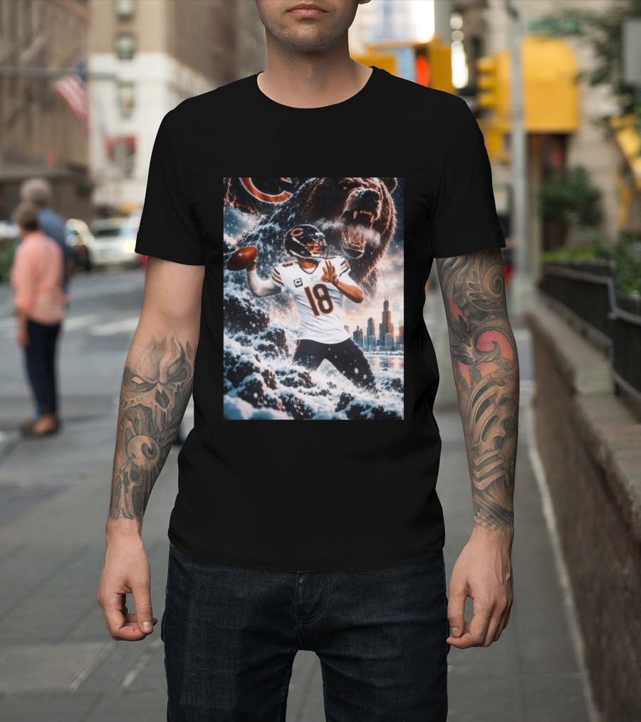 Caleb Williams Chicago Bears Snowy Football Bear Quarterback Number 18 City Skyline T-Shirt
