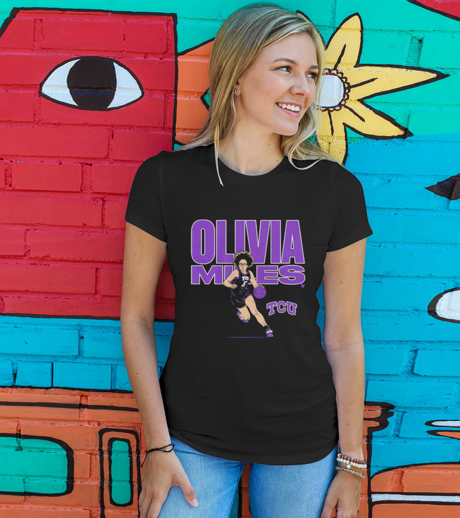 TCU Basketball Olivia Miles Name Pose Purple And White Basketball Player T-Shirt