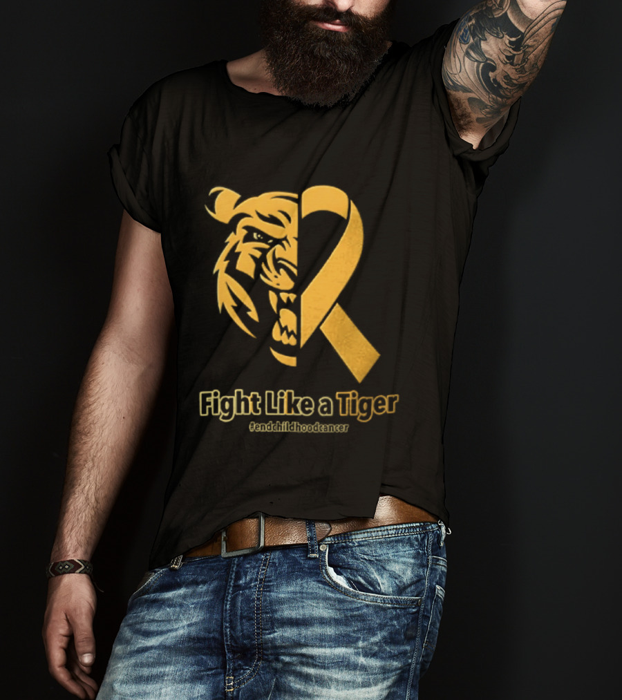 Fight Like A Tiger Childhood Cancer Awareness Gold Ribbon T-Shirt