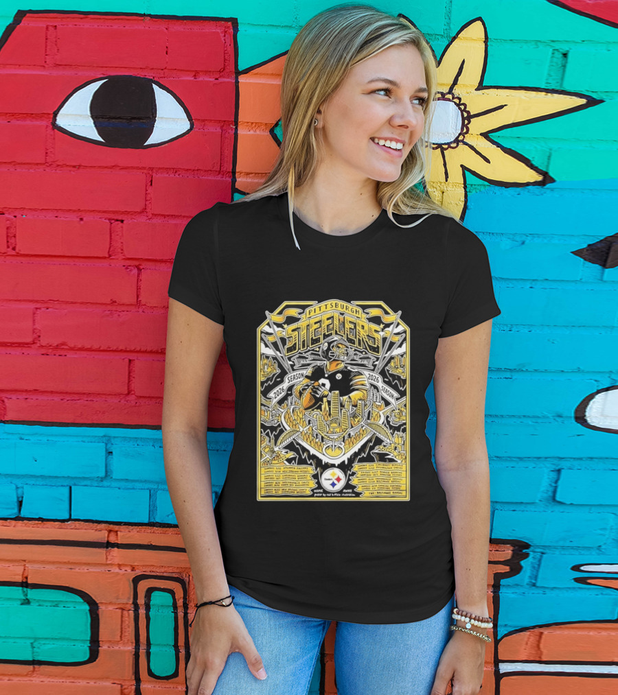 Pittsburgh Steelers 2026 Season Schedule Featuring Iconic Cityscape And Player T-Shirt