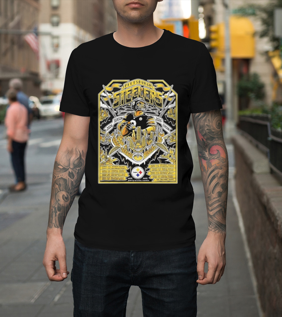 Pittsburgh Steelers 2026 Season Schedule Featuring Iconic Cityscape And Player T-Shirt