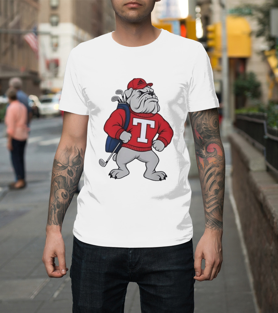 Bulldog Golf Mascot With Letter Sweater And Golf Bag T-Shirt