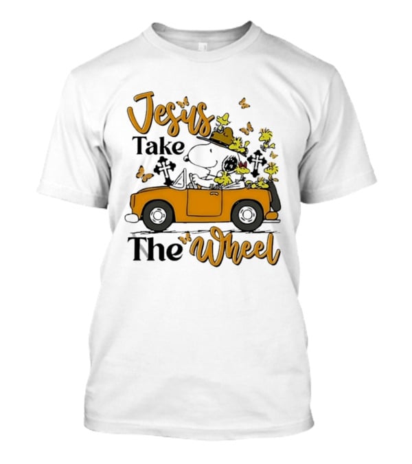 Snoopy Jesus Take The Wheel Butterflies Woodstock Driving Scene T-Shirt