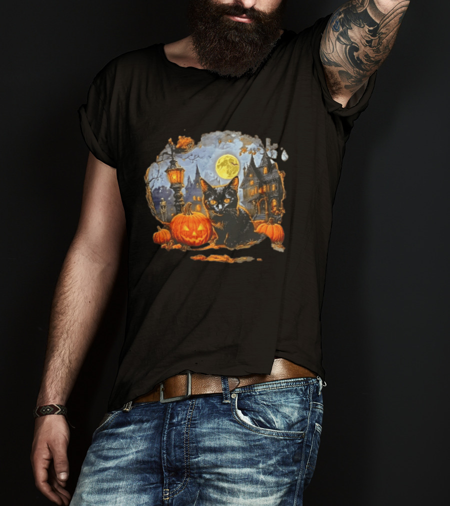 Black Cat Halloween Glowing Jack O' Lantern Haunted Mansion Full Moon Scene T-Shirt