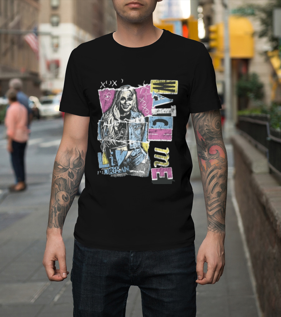 Me Xoxo Liv Morgan Denim Vest Distressed Halftone Torn Paper Collage T-Shirt