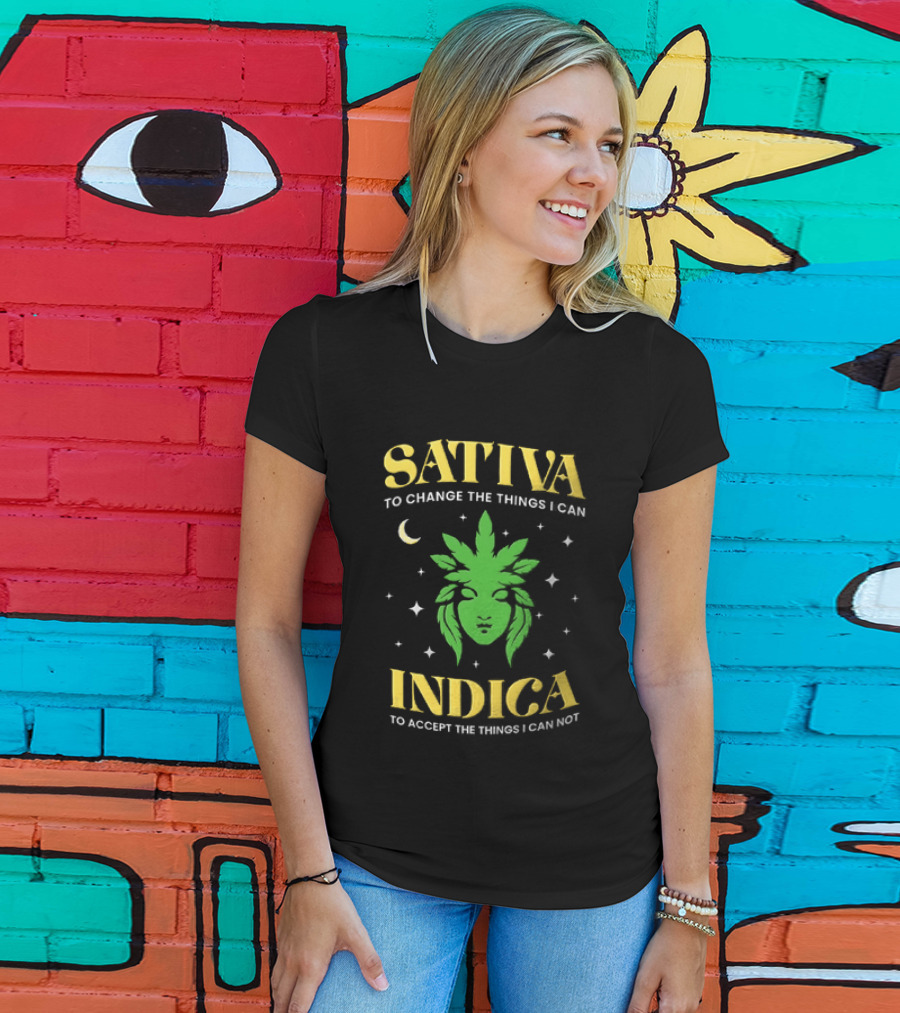 Sativa To Change The Things I Can Indica To Accept The Things I Can Not Moon Stars Cannabis Leaf T-Shirt