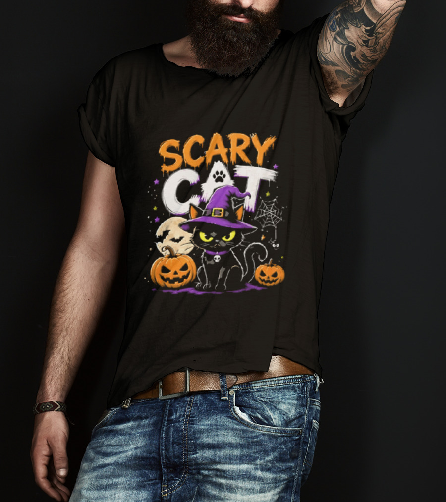 Scary Cat Black Kitten Witch Hat Full Moon Jack O Lanterns Halloween Cartoon T-Shirt