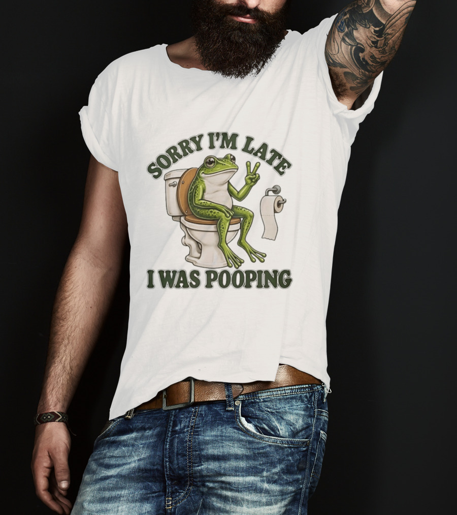 Sorry I'm Late I Was Pooping Frog On Toilet Peace Gesture T-Shirt