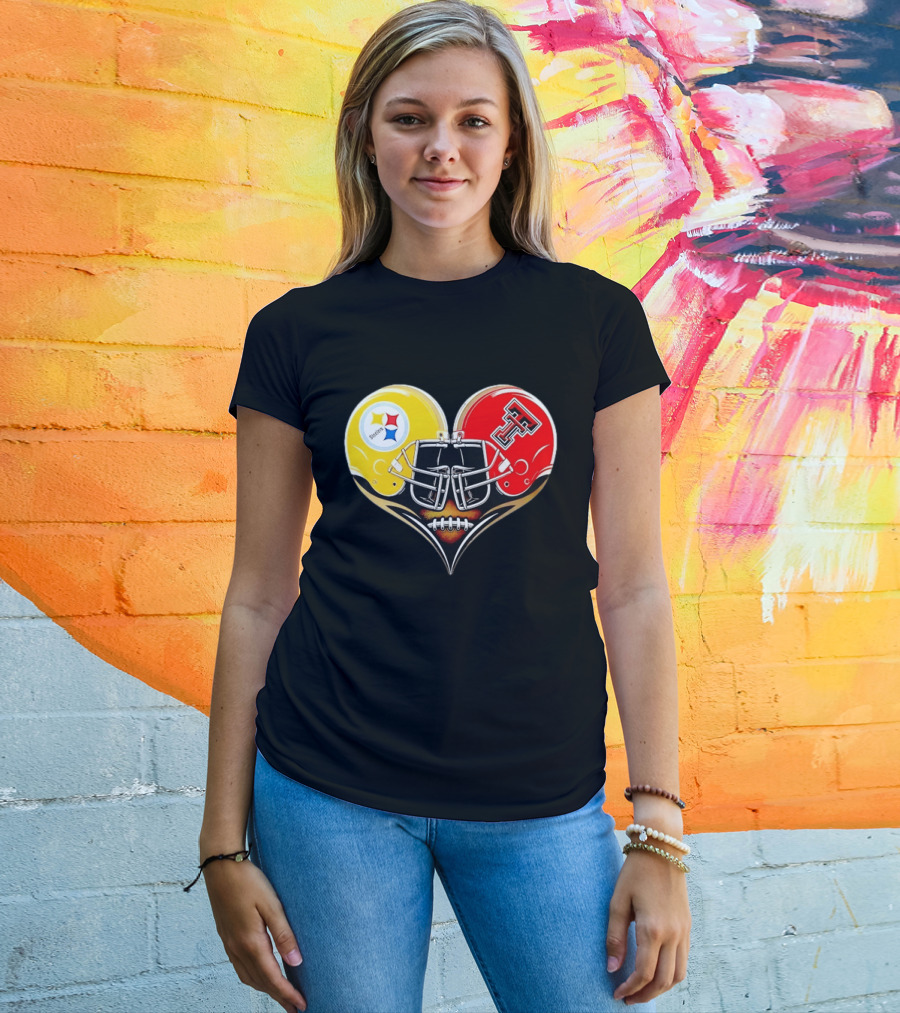 Pittsburgh Steelers Texas Tech Red Raiders Football Helmets Heart T-Shirt