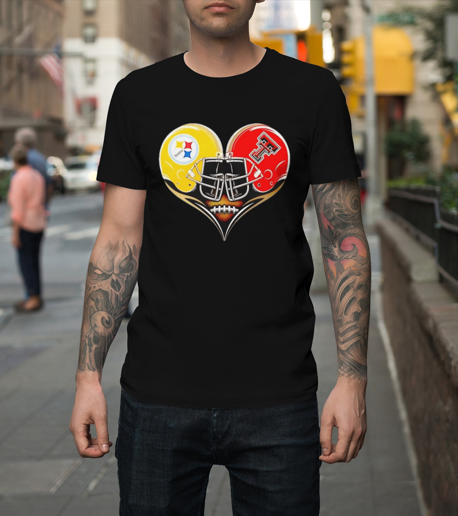 Pittsburgh Steelers Texas Tech Red Raiders Football Helmets Heart T-Shirt