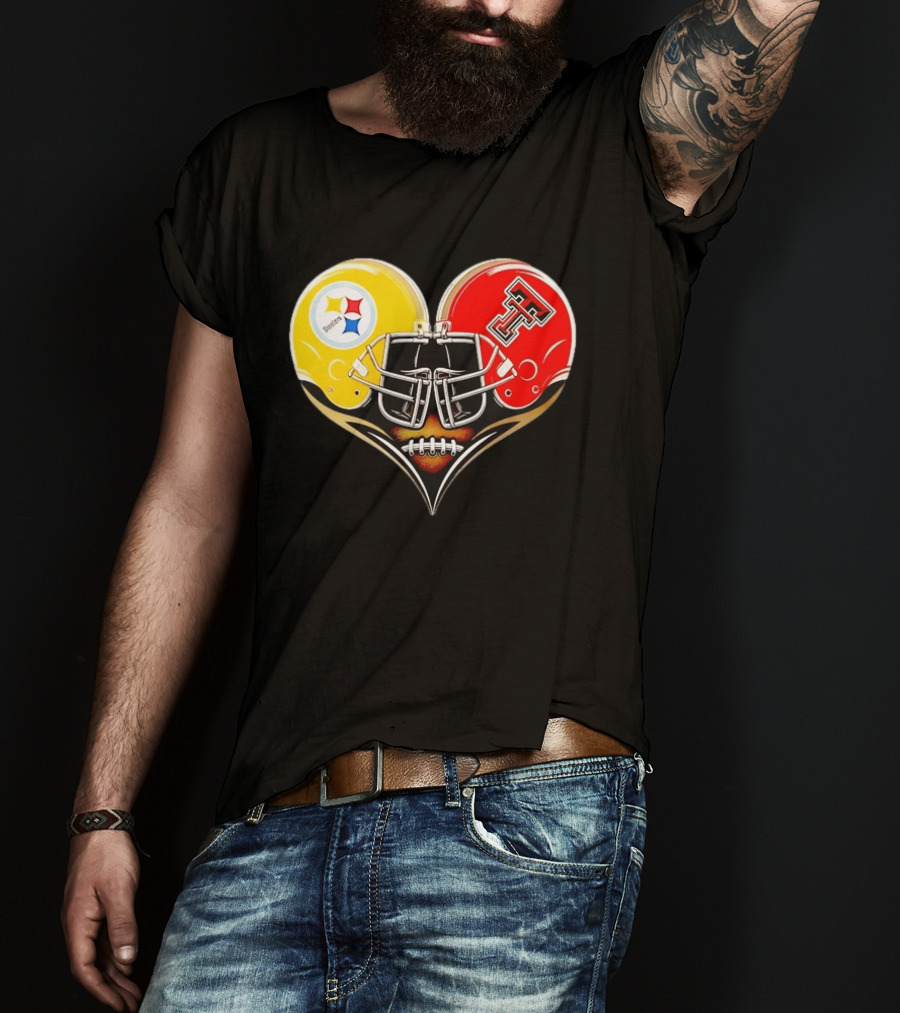 Pittsburgh Steelers Texas Tech Red Raiders Football Helmets Heart T-Shirt