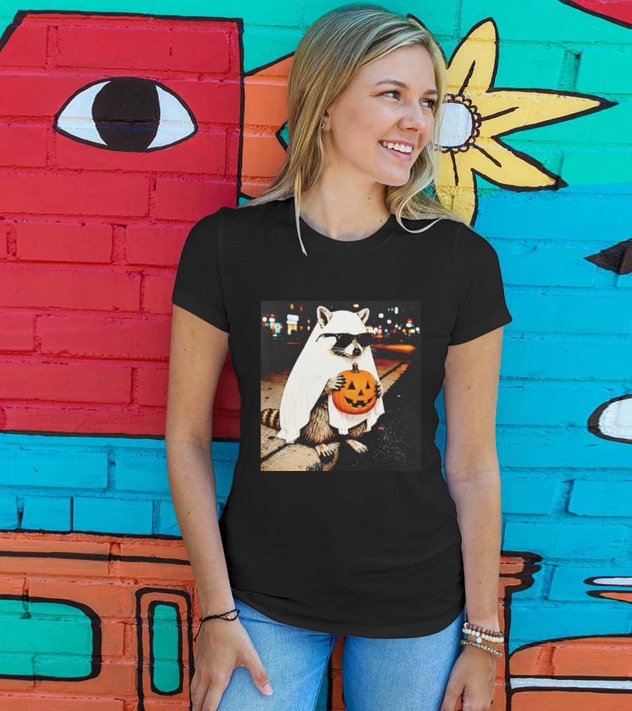 Raccoon Ghost Sunglasses Pumpkin Halloween Street Scene T-Shirt