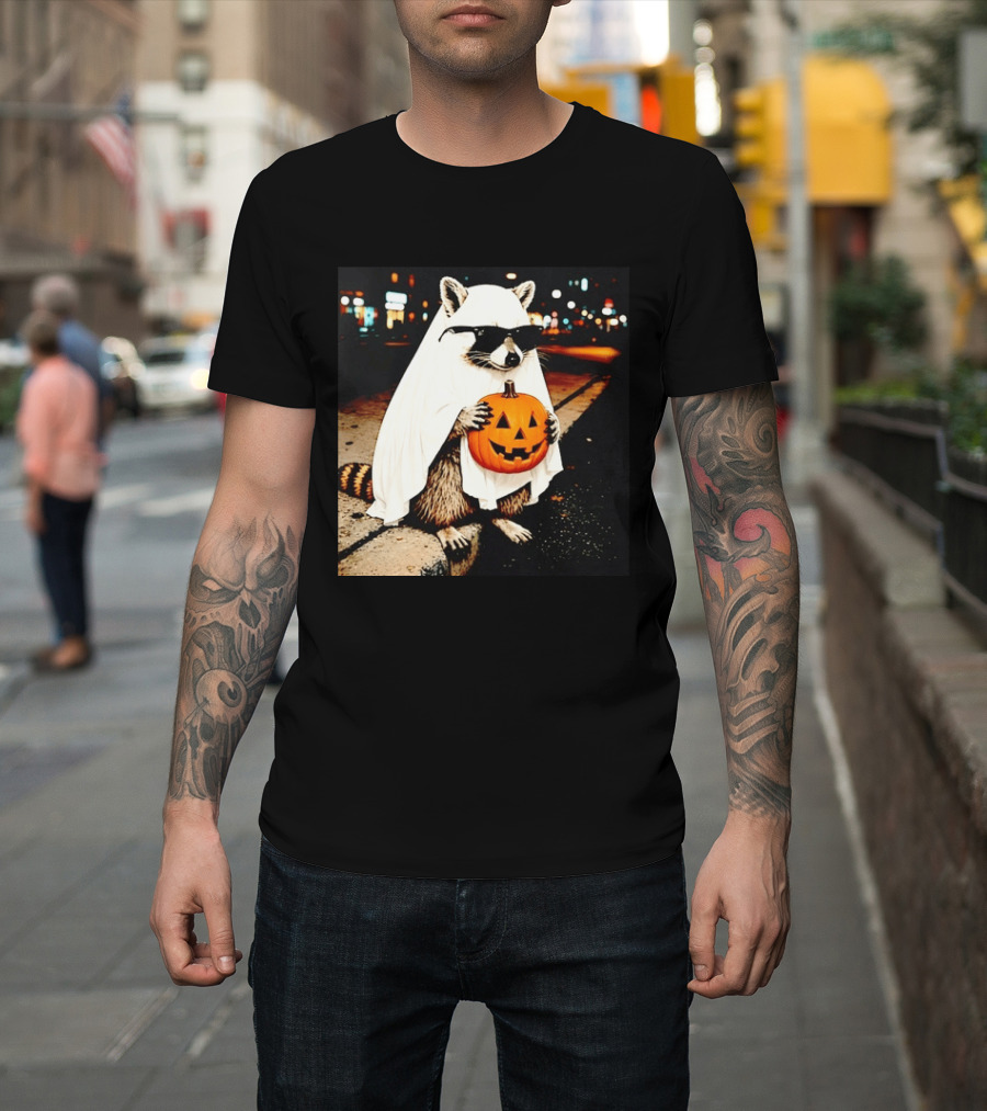 Raccoon Ghost Sunglasses Pumpkin Halloween Street Scene T-Shirt