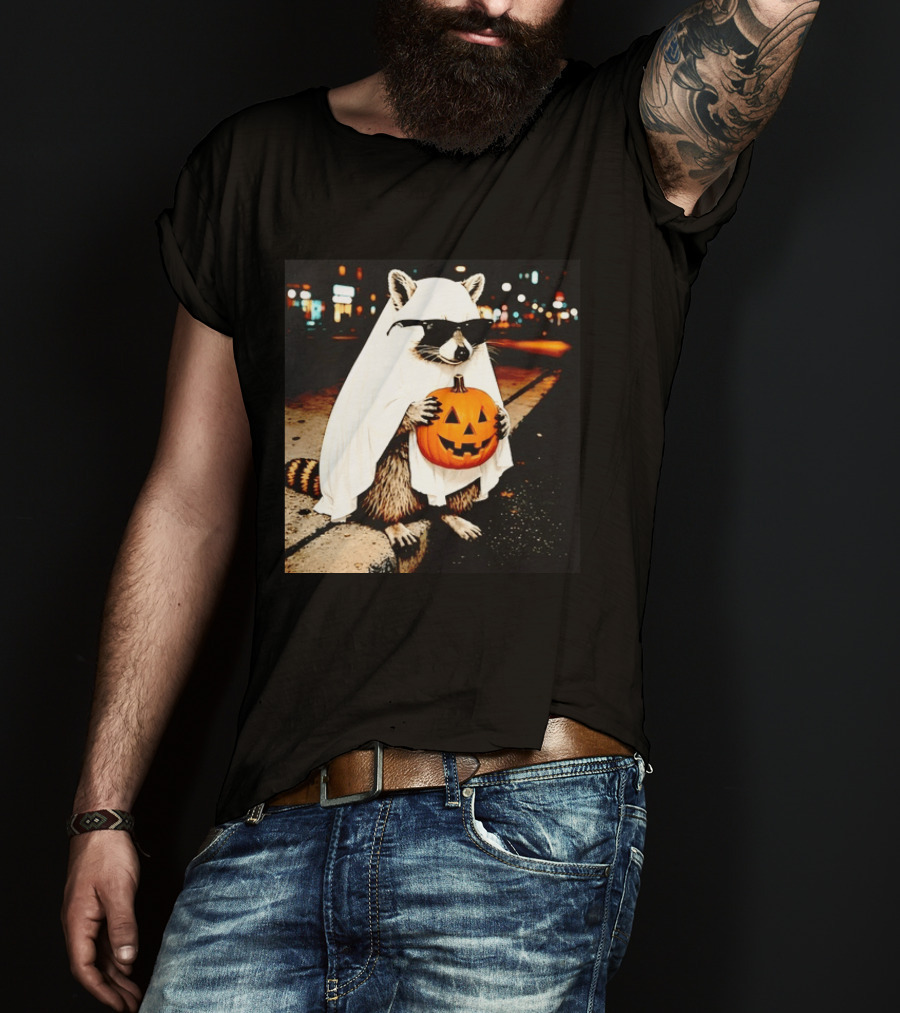 Raccoon Ghost Sunglasses Pumpkin Halloween Street Scene T-Shirt