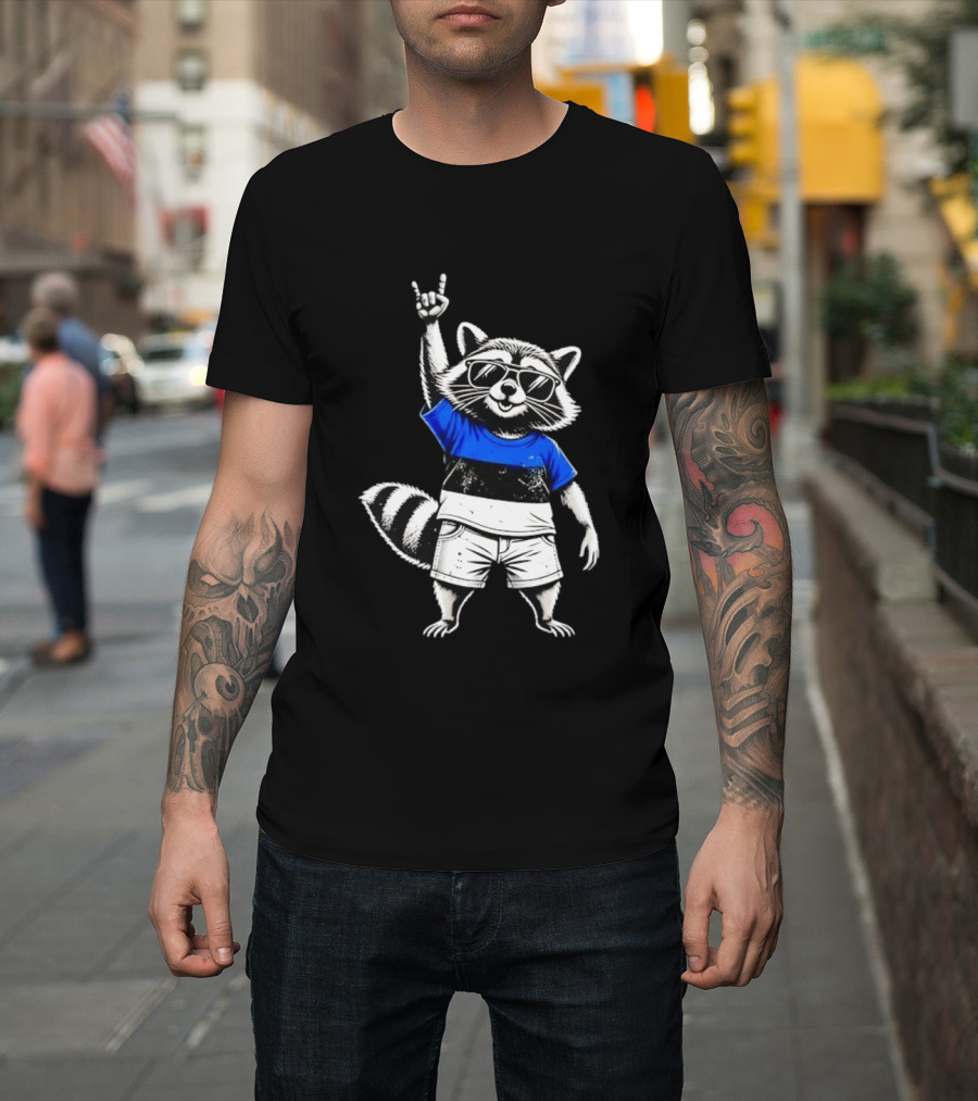 Rocking Raccoon Estonia Flag Style With Sunglasses And Hand Gesture T-Shirt