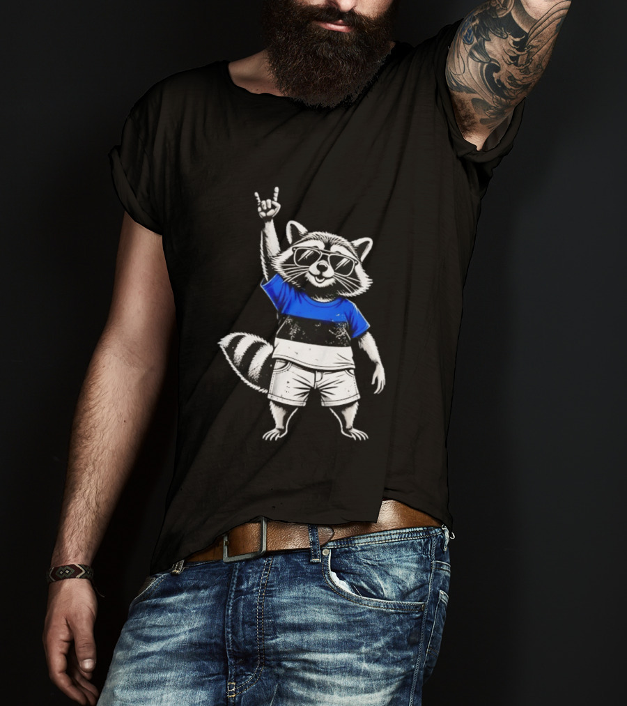 Rocking Raccoon Estonia Flag Style With Sunglasses And Hand Gesture T-Shirt