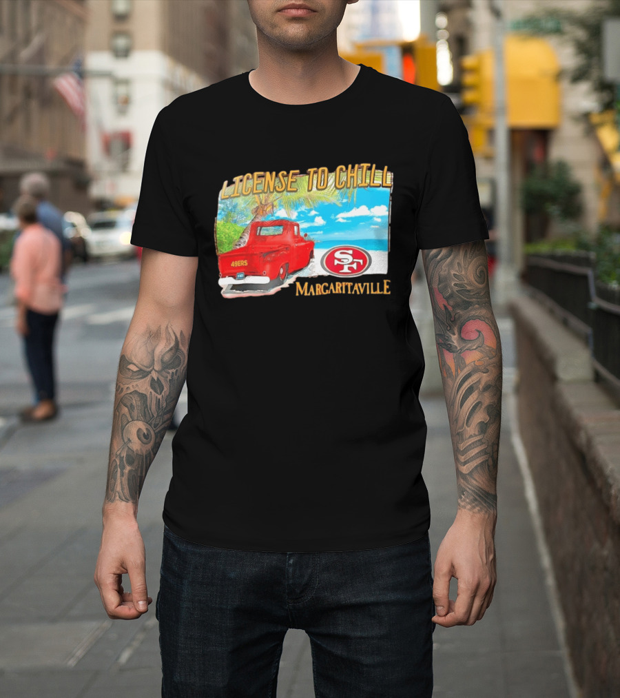 San Francisco 49ers License To Chill Margaritaville Beach Scene Vintage Truck T-Shirt