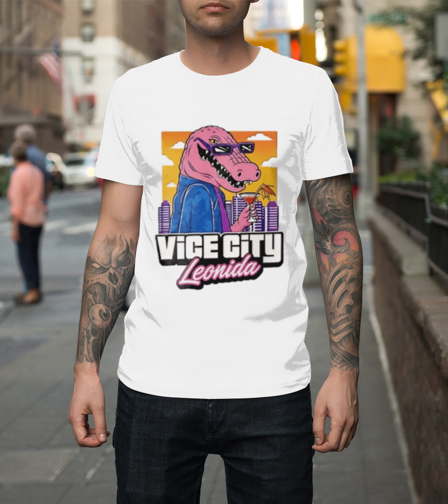 Vice City Leonida Pink Alligator Sunglasses Cocktail Cityscape T-Shirt