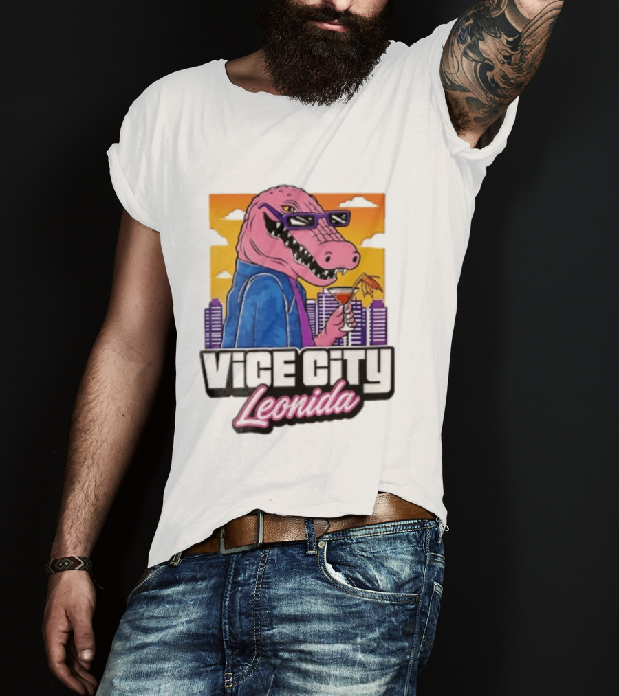 Vice City Leonida Pink Alligator Sunglasses Cocktail Cityscape T-Shirt