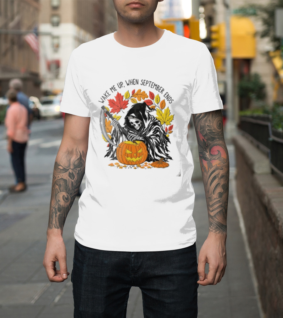 Wake Me Up When September Ends Grim Reaper Carving Jack O Lantern Autumn Leaves T-Shirt