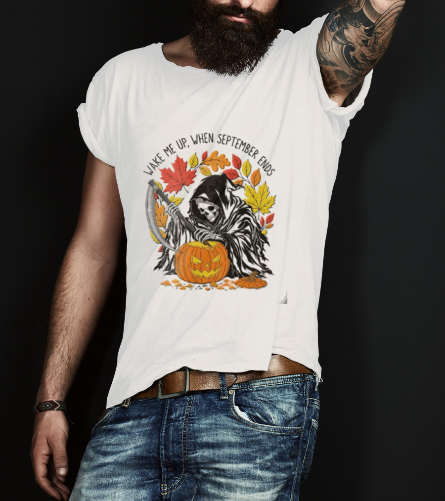 Wake Me Up When September Ends Grim Reaper Carving Jack O Lantern Autumn Leaves T-Shirt