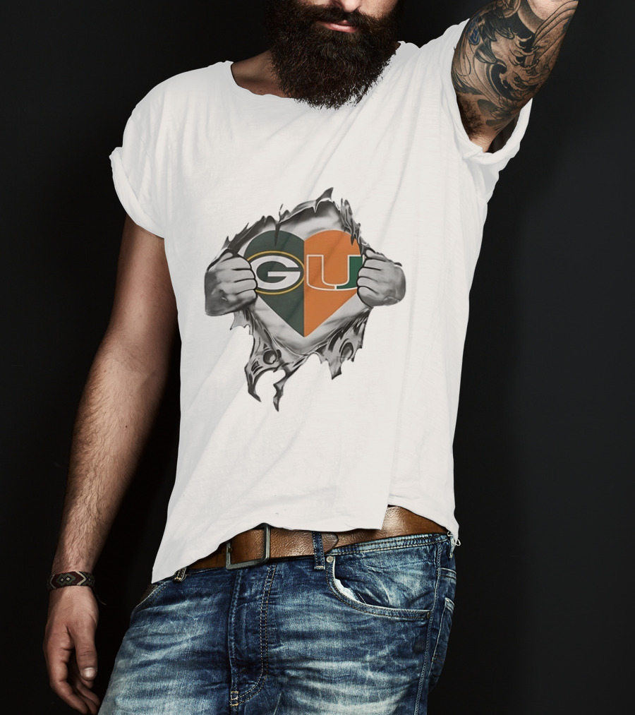 Green Bay Packers Miami Hurricanes Heart G U Logo Tear T-Shirt