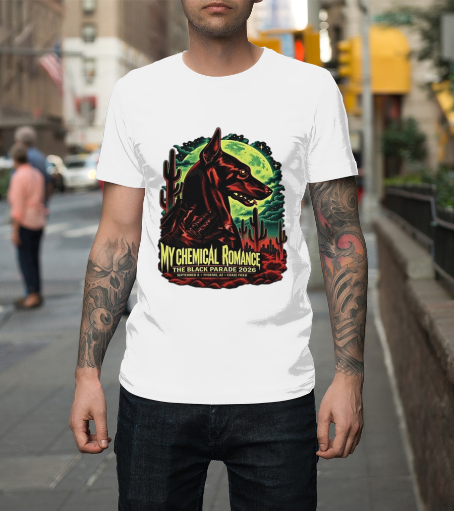 My Chemical Romance The Black Parade 2026 September 6 Phoenix AZ Chase Field Cactus And Dog Moon Scene T-Shirt
