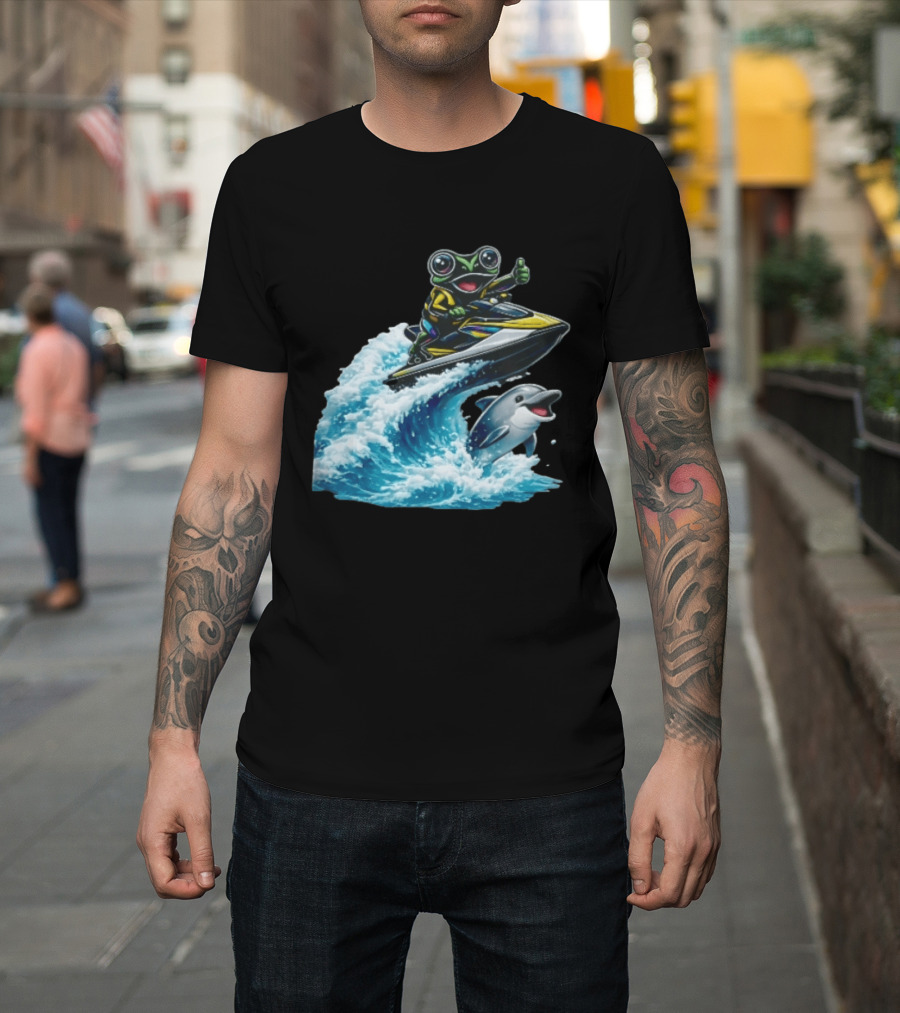 Cartoon Frog Thumbs Up Riding Jet Ski With Dolphin On Ocean Wave T-Shirt