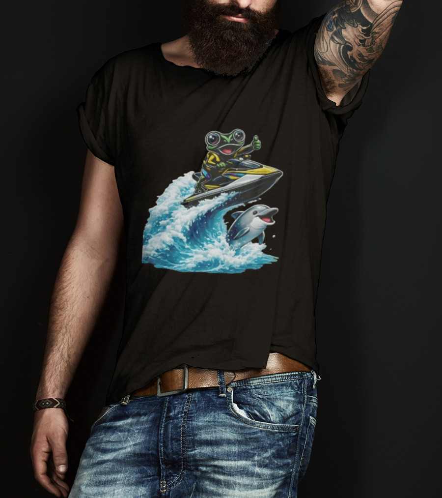Cartoon Frog Thumbs Up Riding Jet Ski With Dolphin On Ocean Wave T-Shirt