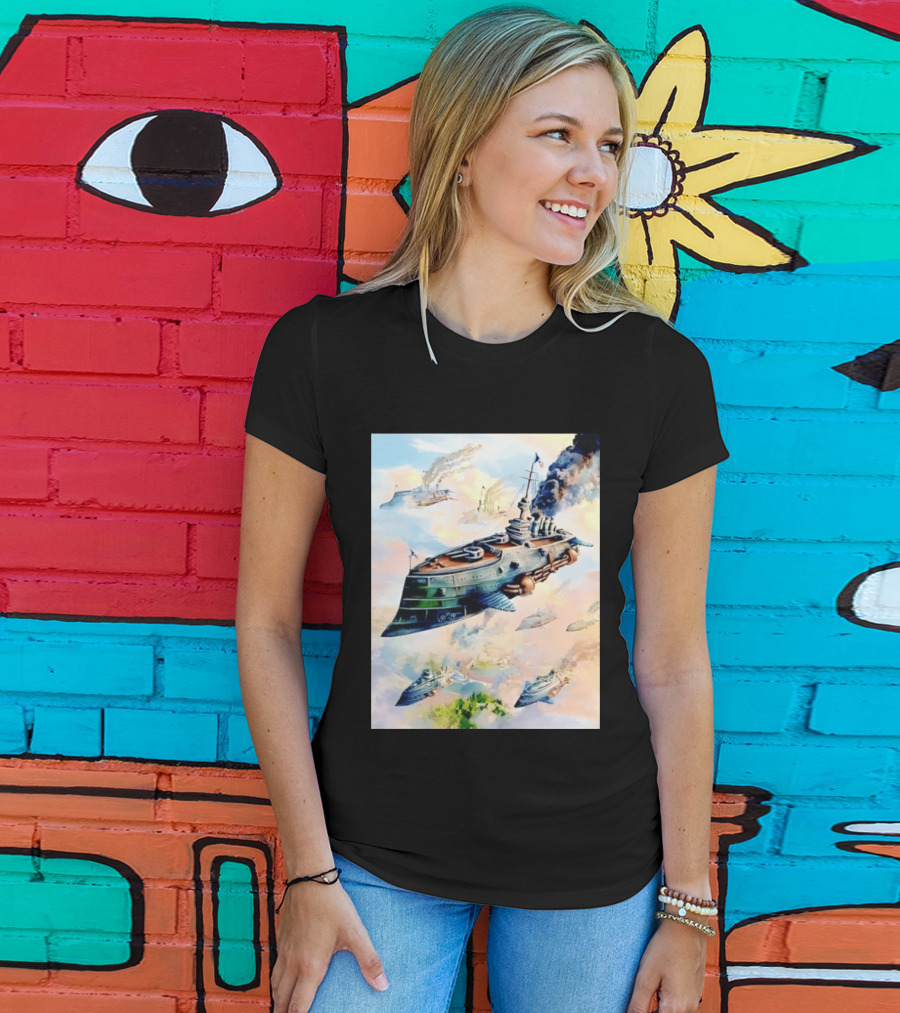 Steampunk Flying Battleship Armada Soaring Through The Clouds T-Shirt