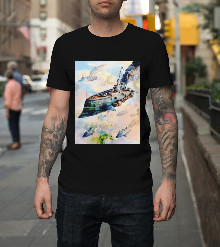 Steampunk Flying Battleship Armada Soaring Through The Clouds T-Shirt