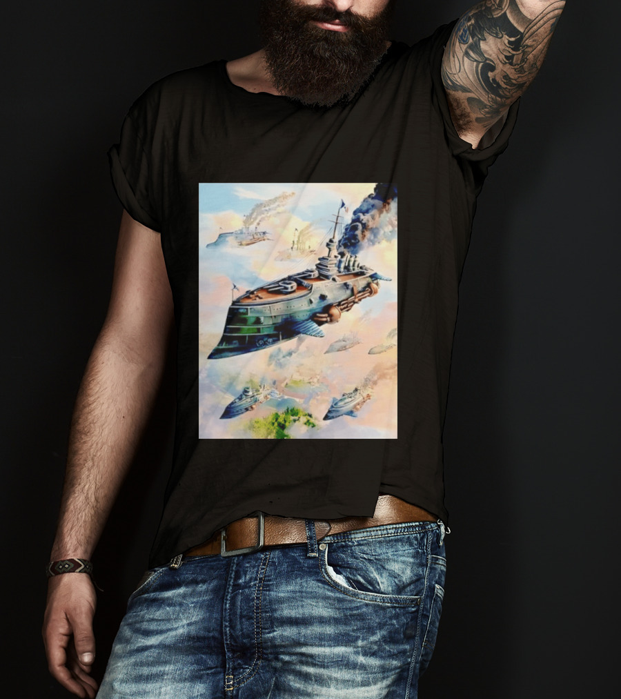 Steampunk Flying Battleship Armada Soaring Through The Clouds T-Shirt