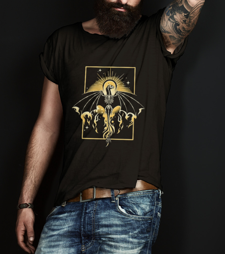 Celestial Gold Skeletal Dragon Wings Sunburst Halo Flames T-Shirt