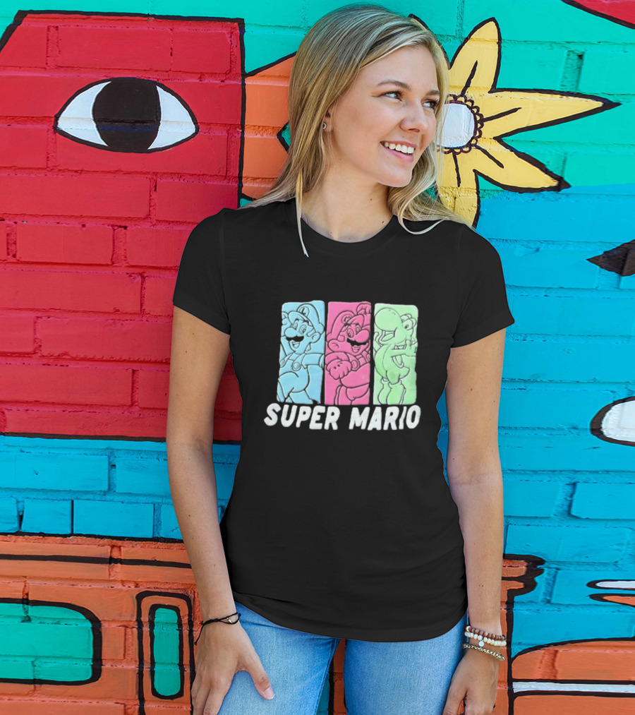 Super Mario Luigi Yoshi Characters Colorful Panels T-Shirt