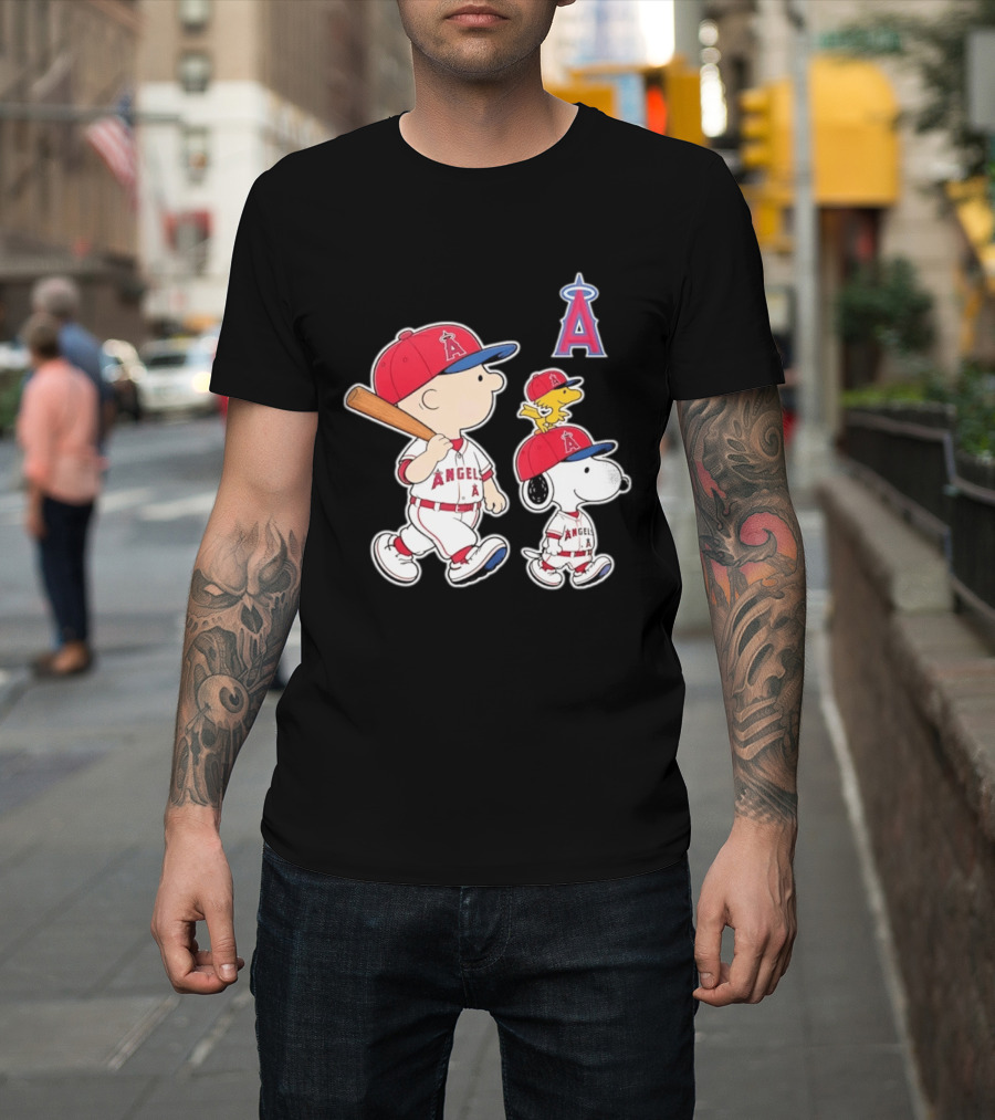 Charlie Brown Snoopy Woodstock Los Angeles Angels Baseball Team T-Shirt
