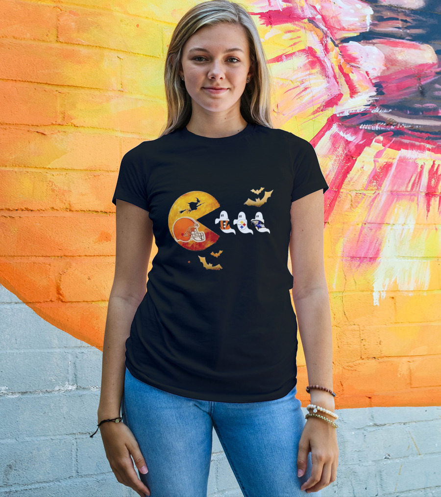 Cleveland Browns Pac Man Vs Bengals Steelers Ravens Halloween Battle T-Shirt