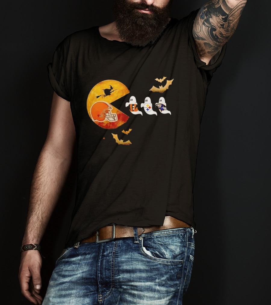 Cleveland Browns Pac Man Vs Bengals Steelers Ravens Halloween Battle T-Shirt