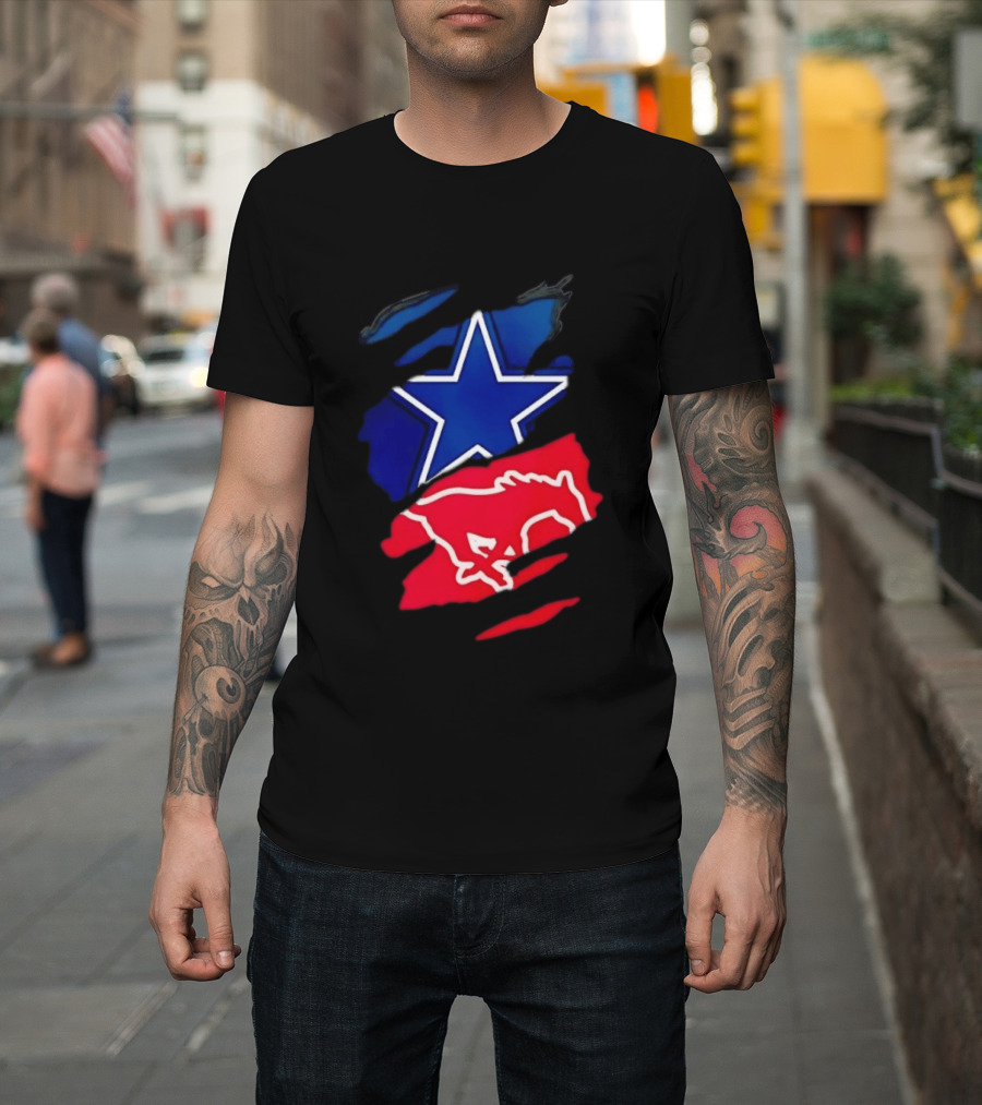 Dallas Cowboys Star And SMU Mustangs Red Ripped Effect T-Shirt