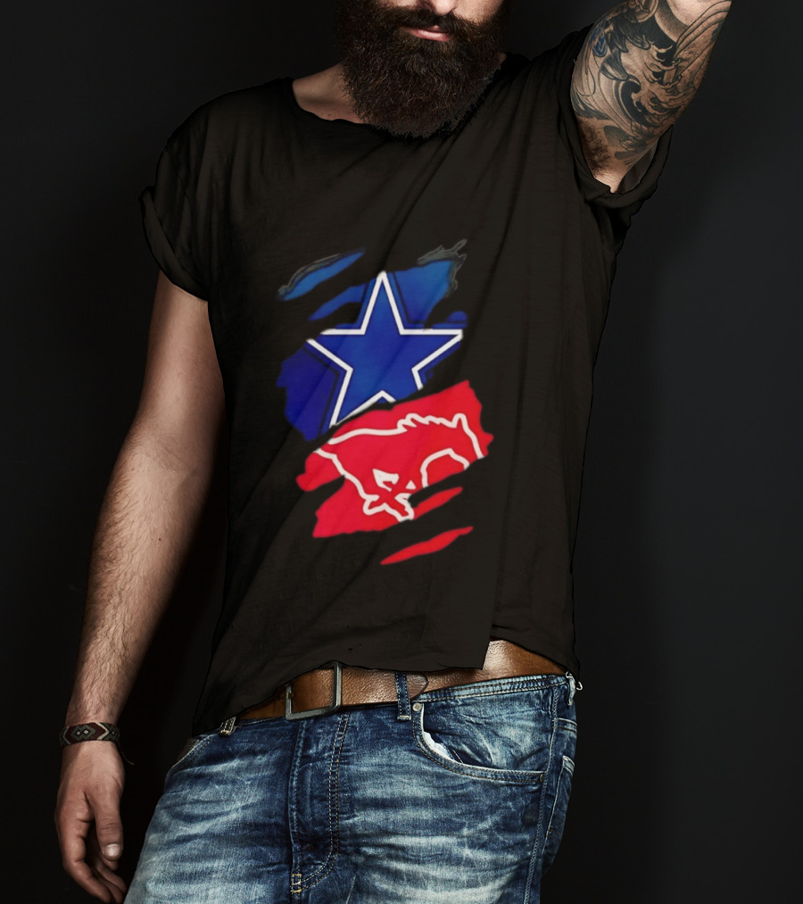Dallas Cowboys Star And SMU Mustangs Red Ripped Effect T-Shirt
