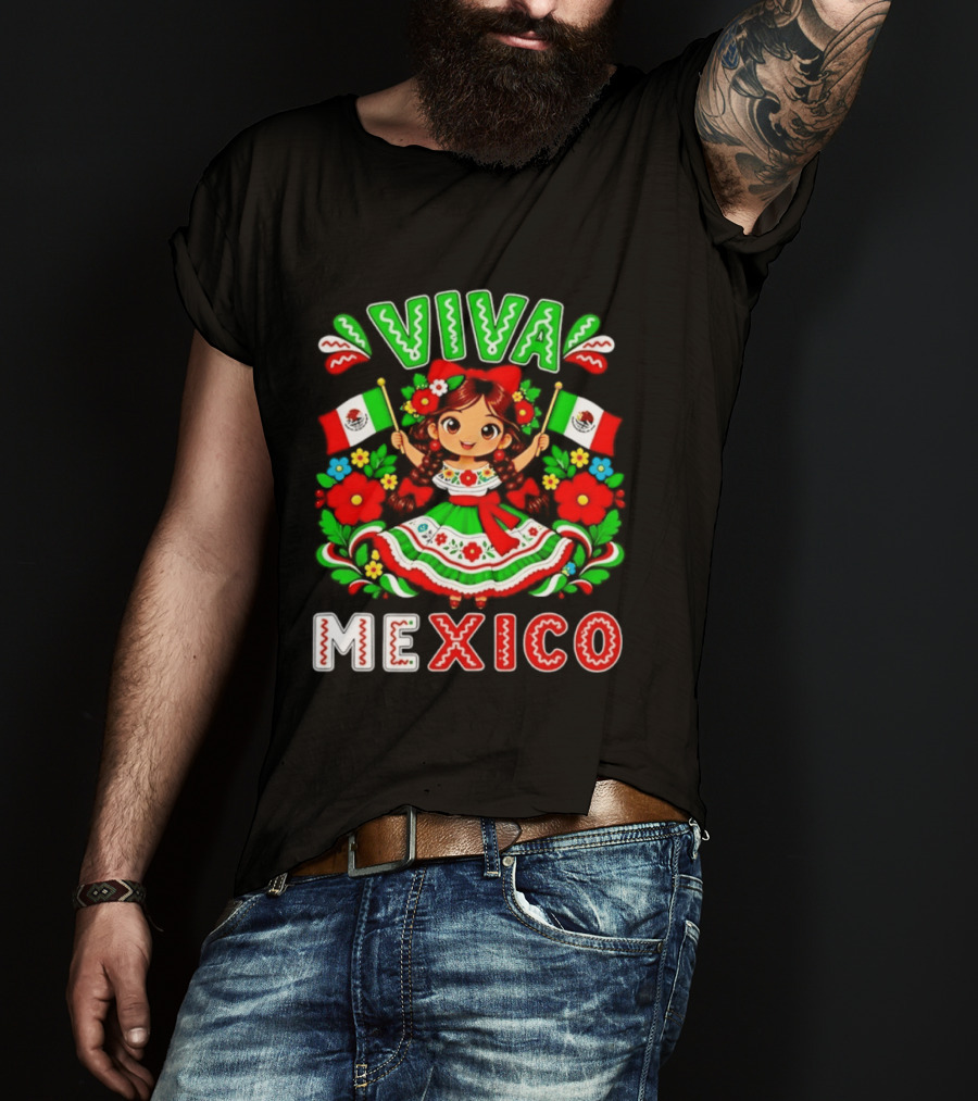 Viva Mexico Traditional Dress Girl With Flags Mexican Celebration T-Shirt