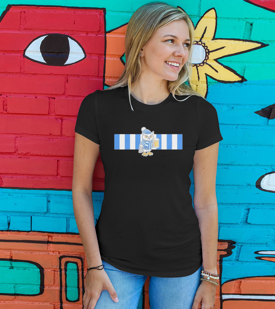 Owl In Blue And White Stripes With Beer T-Shirt