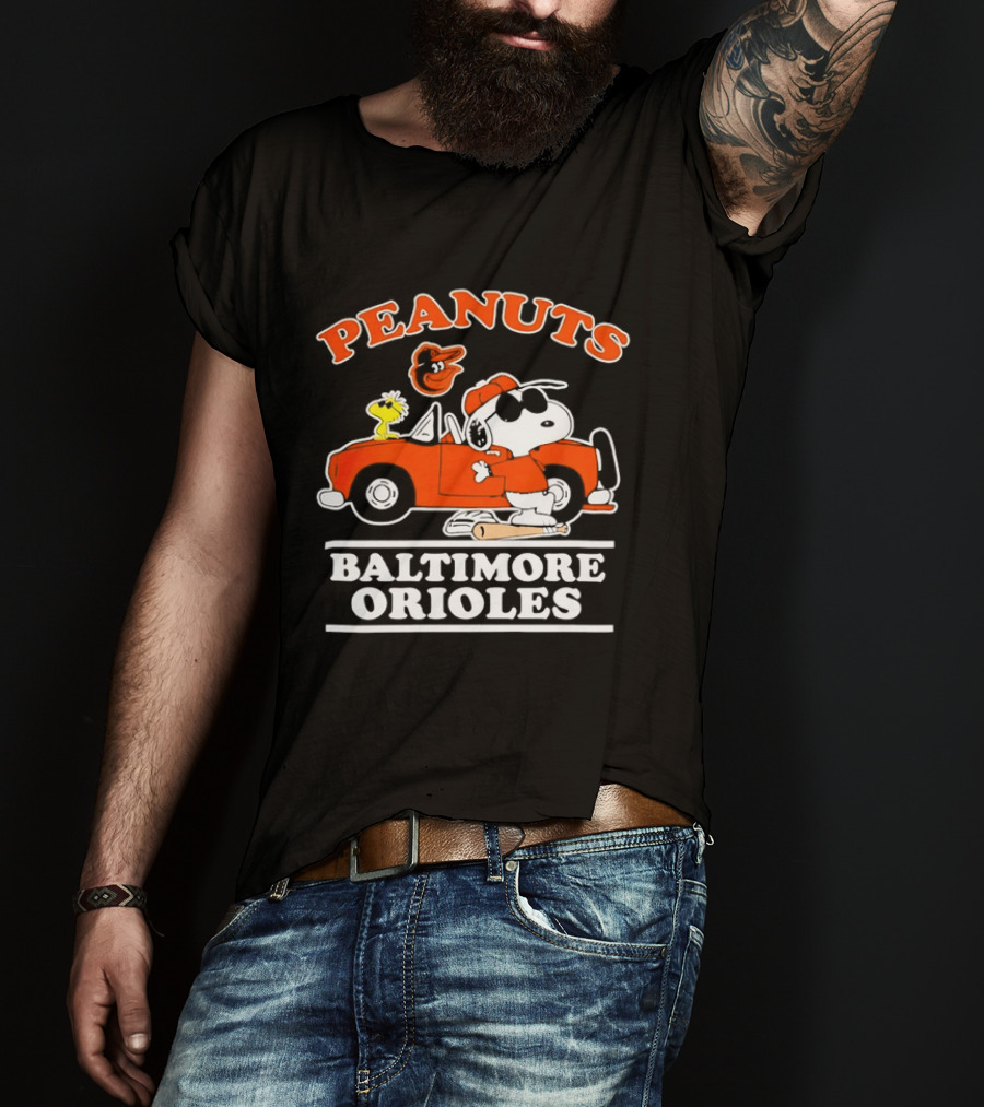 Peanuts Snoopy And Woodstock Driving Baltimore Orioles Car T-Shirt