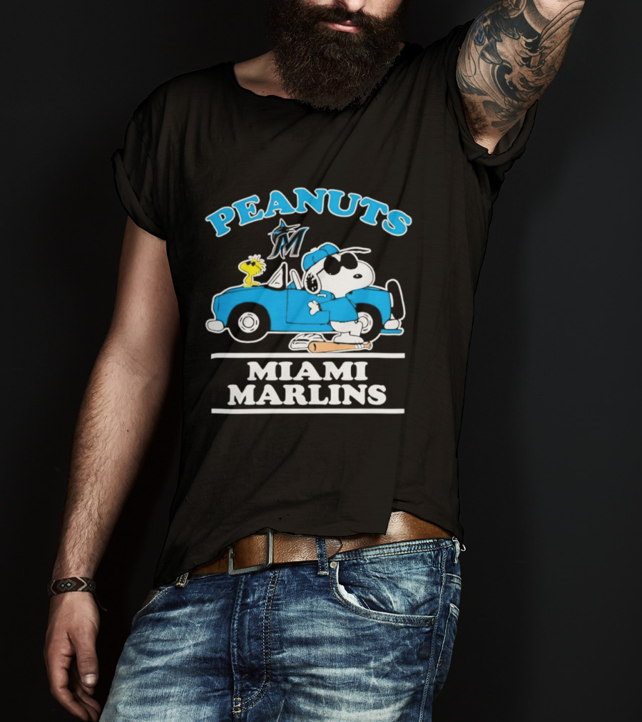 Peanuts Snoopy And Woodstock Miami Marlins Baseball Driving Adventure T-Shirt
