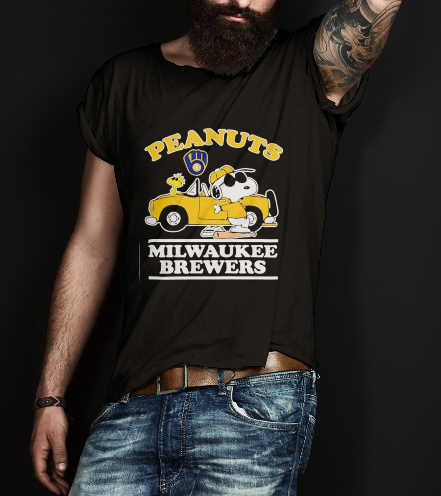 Peanuts Snoopy Woodstock Driving Milwaukee Brewers Baseball T-Shirt