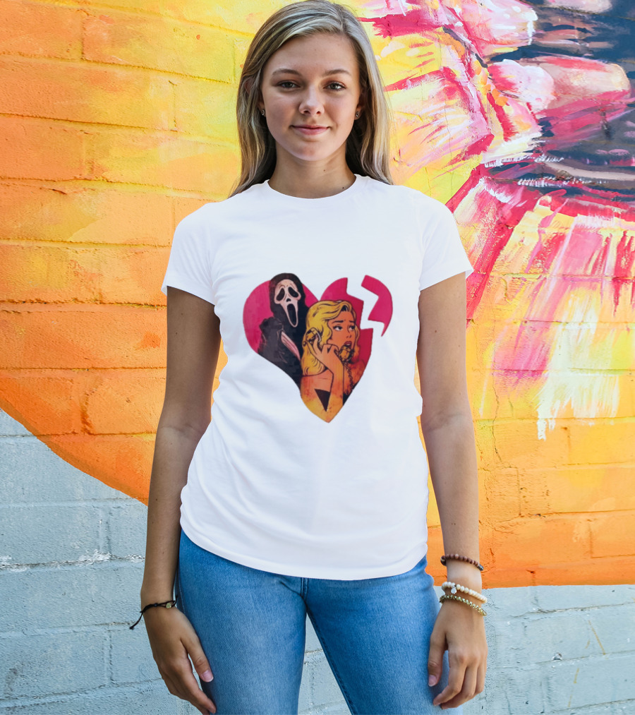 Cartoon Blonde Woman Ghostface Broken Pink Heart Knife Phone T-Shirt