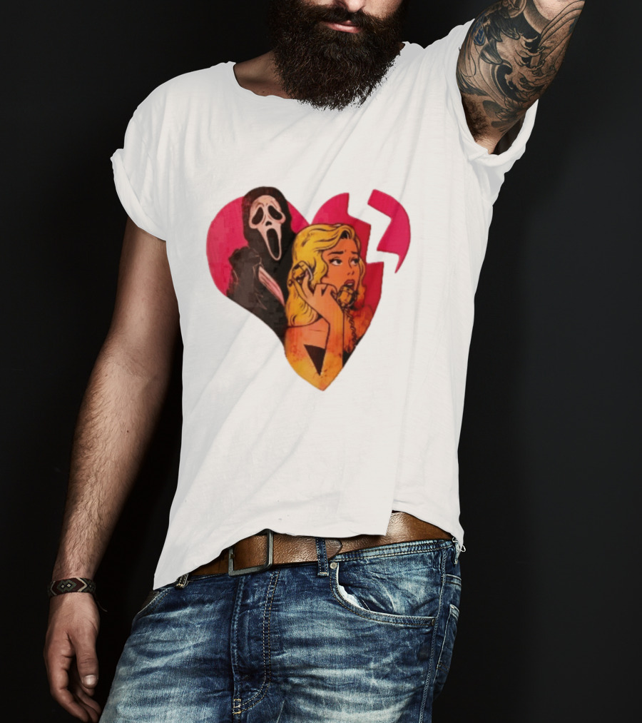 Cartoon Blonde Woman Ghostface Broken Pink Heart Knife Phone T-Shirt