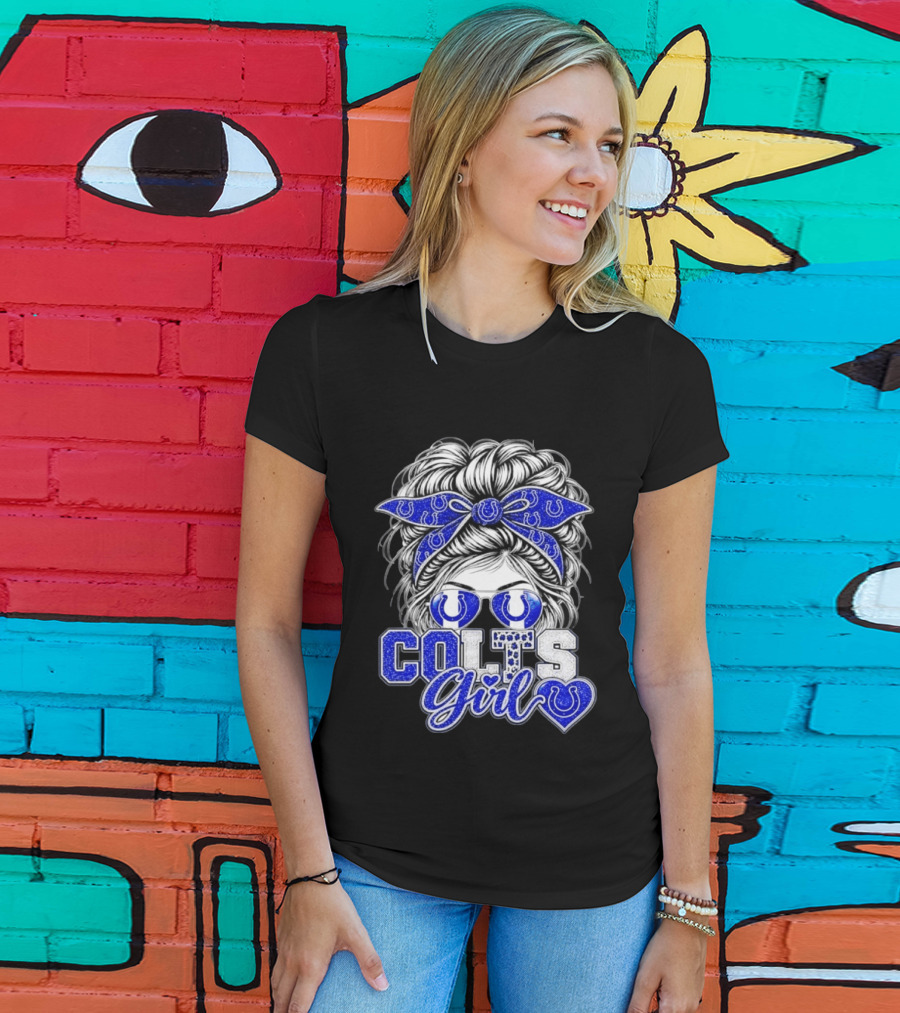 Indianapolis Colts Girl Messy Bun Blue Bandana Sunglasses Fan T-Shirt