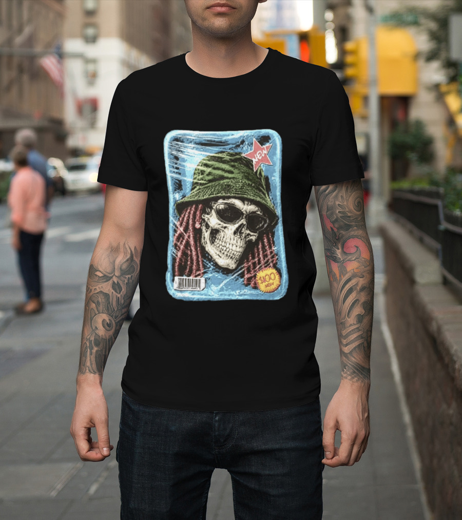 Skull With Dreadlocks Wearing Green Bucket Hat Sunglasses New Star Label T-Shirt